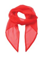 A red chiffon scarf with a lightweight, sheer design and pointed ends. It features a subtle branding detail.