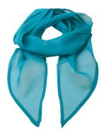 A teal chiffon scarf with a lightweight, sheer texture and pointed ends. Features a branding logo.