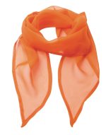 An orange chiffon scarf with a sheer, lightweight fabric, featuring pointed ends and a smooth finish.
