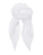 A white chiffon scarf with a lightweight, flowing design, featuring a logo.