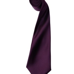 A purple satin tie rolled up, featuring a sleek, smooth texture and a pointed end. It includes a logo.