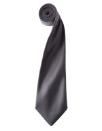 A rolled satin tie in a rich charcoal grey colour, featuring a sleek, smooth finish and a simple design.