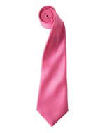 A pink satin tie rolled into a spiral shape, showcasing its smooth texture and vibrant colour. It features a logo.