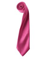 A pink satin tie rolled neatly, featuring a smooth texture and a subtle sheen. The tie has a logo prominently displayed.