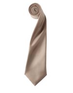 A rolled satin tie in a soft beige colour with a subtle sheen, featuring a logo.