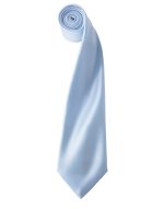 A light blue satin tie is neatly rolled, showcasing its smooth texture and elegant design.