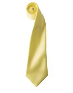 A rolled yellow satin tie, featuring a smooth texture and a tapered end, with a logo visible.