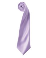 A lilac satin tie neatly rolled, featuring a smooth finish and a pointed tip, with a logo visible.