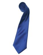 A satin tie in a rich royal blue colour, elegantly rolled and showcasing its smooth texture. It features a logo.