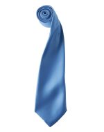 A satin tie in a light blue colour, featuring a rolled design. It has a logo on the fabric.