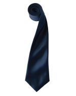 A satin tie in a deep navy blue, elegantly rolled and featuring a logo.