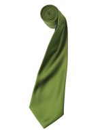 A green satin tie, neatly rolled, featuring a logo on the fabric.