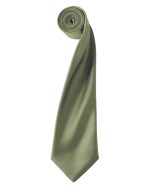 A rolled olive green satin tie with a smooth finish. The tie displays a simple design and has a logo.