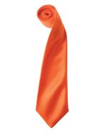 An orange satin tie displayed in a rolled position, featuring a smooth texture and a sleek design.