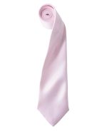 A pink satin tie rolled neatly, featuring a smooth texture and tapered end. It has a logo on the tag.