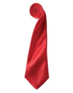 A red satin tie neatly rolled up, featuring a smooth and shiny texture. It has a logo on the surface.