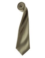 A rolled satin tie in a muted olive green colour with a smooth finish and a logo at one end.