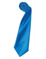 A rolled blue satin tie with a smooth finish, featuring a branded logo.