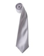A satin tie in light grey, rolled and displayed vertically with a smooth finish. Features a logo.