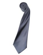 A rolled satin tie in a sleek grey colour, featuring a smooth, shiny finish. The tie has a branding logo.