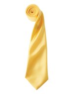 A yellow satin tie rolled neatly, featuring a smooth finish and a branding logo.