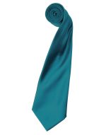 A satin tie in a vibrant teal colour, rolled neatly for display. Features a logo branding.