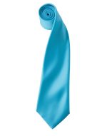 A rolled satin tie in bright turquoise, featuring a smooth finish and a simple design. It has a logo.