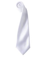 A white satin tie neatly rolled, featuring a smooth texture and a tapered end. Includes a logo.