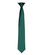 A satin tie in a rich teal colour, featuring a sleek, simple design with a branded logo.