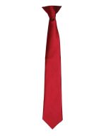 A red satin clip tie featuring a sleek design and a branding logo.