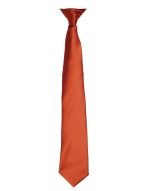 An orange satin clip tie with a sleek design and a shiny finish, featuring branding.