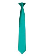A teal satin clip tie with a smooth finish, featuring a clip attachment.