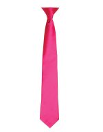A vibrant pink satin clip tie with a sleek design and a branding logo.