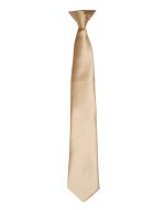 A satin clip tie in a light beige colour, featuring a smooth, glossy finish and a branding logo.