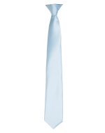 A light blue satin clip tie with a sleek finish, featuring a simple design and a hidden logo.