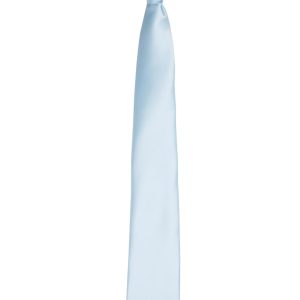 A light blue satin clip tie with a sleek finish, featuring a simple design and a hidden logo.