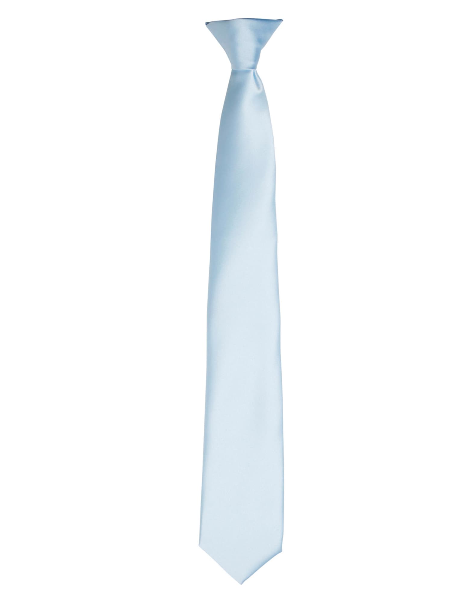 A light blue satin clip tie with a sleek finish, featuring a simple design and a hidden logo. A light blue satin clip tie with a sleek finish, featuring a simple design and a hidden logo.