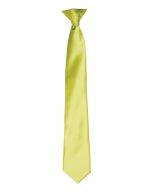 A satin clip tie in a bright lime green colour, featuring a smooth finish and a standard tie shape.