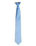A sleek, satin tie in a soft blue colour, featuring a simple design and a branding logo.