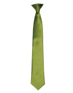 A green satin clip tie displayed against a white background, featuring a smooth, glossy finish and a classic design.