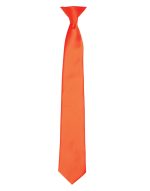 An orange satin clip tie with a slim design and a smooth finish. It features a logo near the tip.