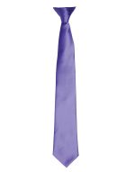 A satin clip tie in a vibrant purple colour, featuring a smooth, shiny finish and a slim design.