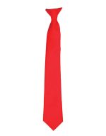 A vibrant red satin clip tie with a sleek design and a logo. Ideal for formal or festive occasions.