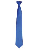 A blue satin clip tie with a sleek design and a logo on the back.