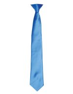 A blue satin clip tie with a smooth finish and a pointed end. It features a logo on the attachment.