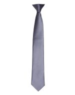 A satin clip tie in a sleek grey colour, featuring a smooth finish and solid design. It has a logo.