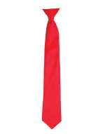 A red satin clip tie, featuring a smooth finish and a slim design, with a logo at the top.