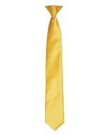 A yellow satin clip tie, featuring a smooth finish and a sleek design, hanging vertically. It includes a logo.
