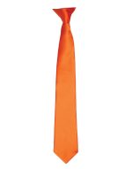 An orange satin clip tie with a smooth finish and a classic shape, featuring a branding logo.