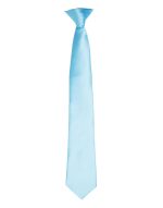A light blue satin clip tie, featuring a smooth finish and a classic design. Includes a logo on the tie.